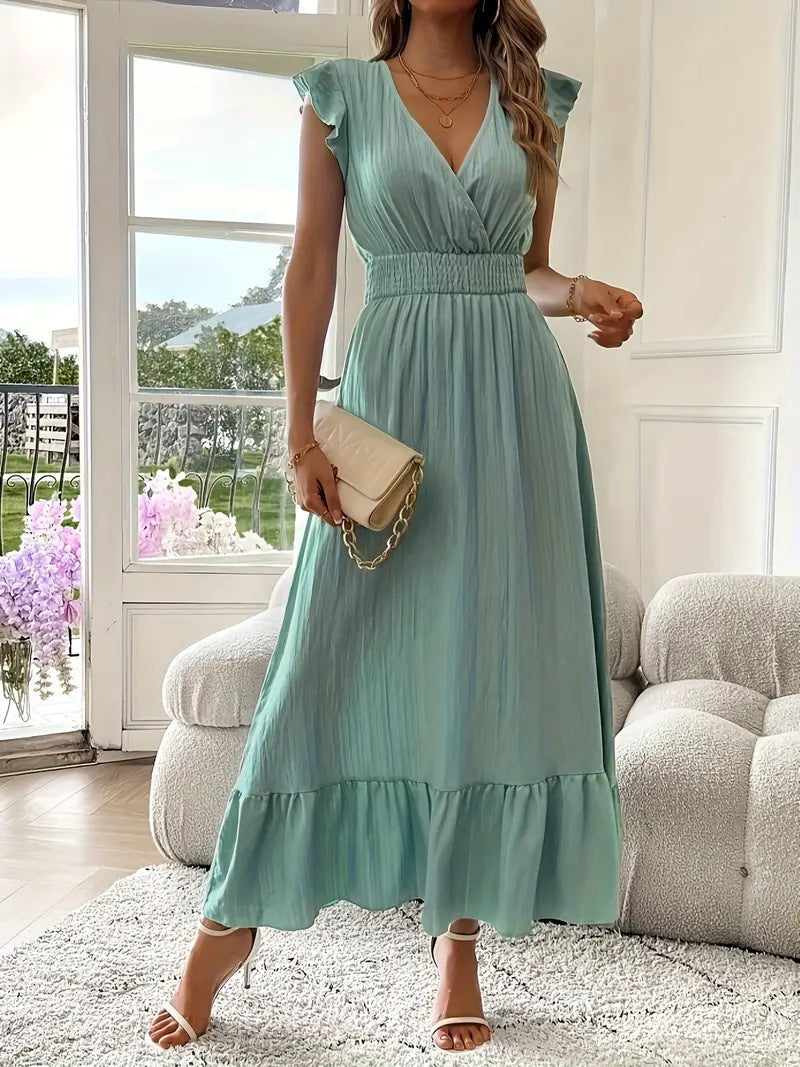Dames effen geplooide V-halsjurk, chique elegante modieuze casual lange jurk voor dagelijks buitengebruik, damesjurk voor de zomer