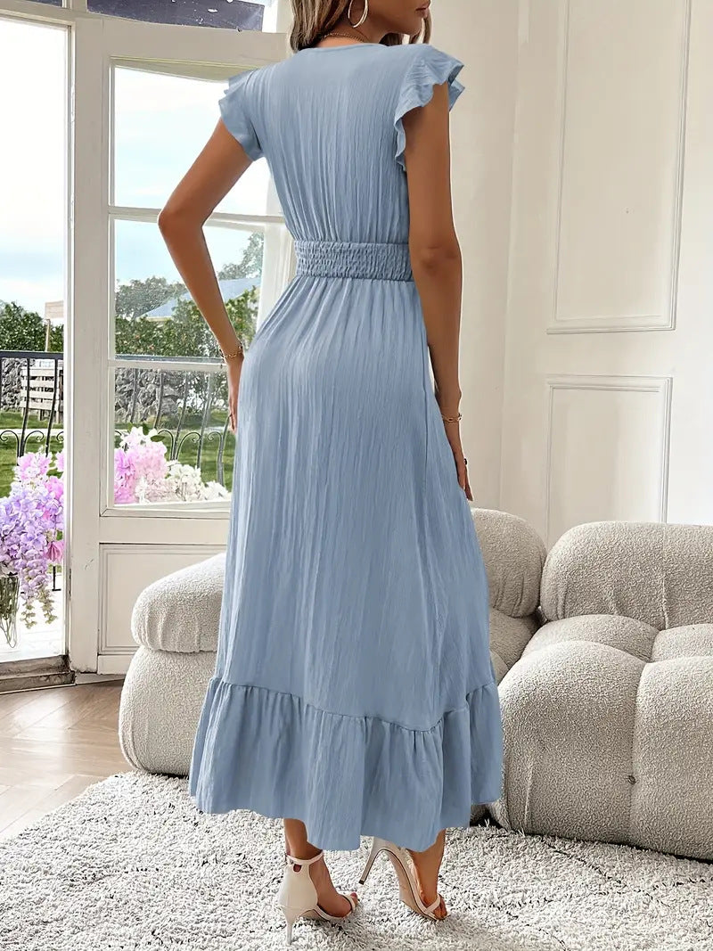 Dames effen geplooide V-halsjurk, chique elegante modieuze casual lange jurk voor dagelijks buitengebruik, damesjurk voor de zomer