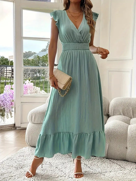 Dames effen geplooide V-halsjurk, chique elegante modieuze casual lange jurk voor dagelijks buitengebruik, damesjurk voor de zomer