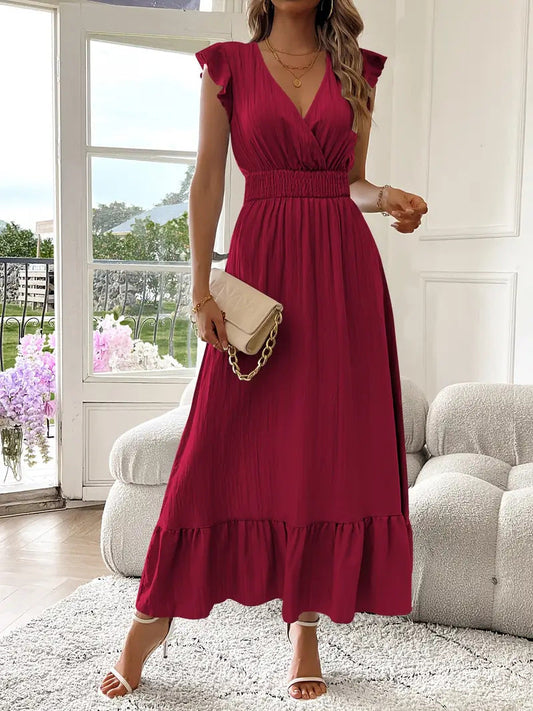 Dames effen geplooide V-halsjurk, chique elegante modieuze casual lange jurk voor dagelijks buitengebruik, damesjurk voor de zomer