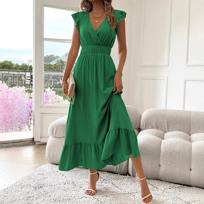 Dames effen geplooide V-halsjurk, chique elegante modieuze casual lange jurk voor dagelijks buitengebruik, damesjurk voor de zomer