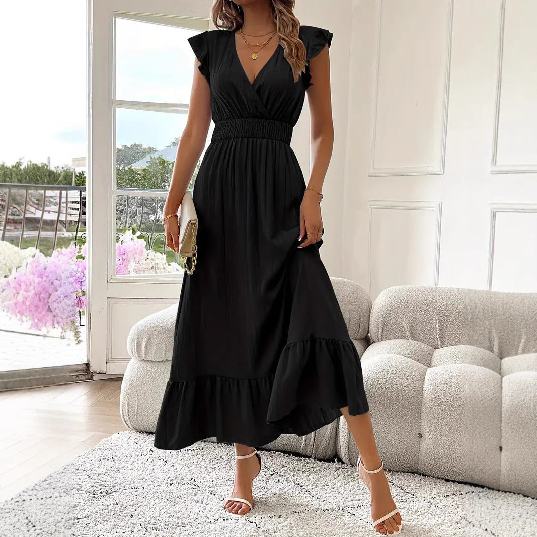 Dames effen geplooide V-halsjurk, chique elegante modieuze casual lange jurk voor dagelijks buitengebruik, damesjurk voor de zomer