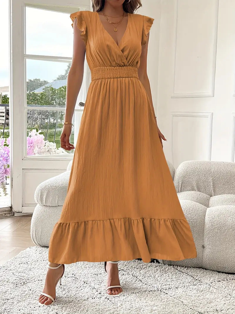 Dames effen geplooide V-halsjurk, chique elegante modieuze casual lange jurk voor dagelijks buitengebruik, damesjurk voor de zomer
