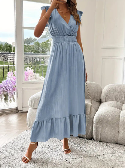 Dames effen geplooide V-halsjurk, chique elegante modieuze casual lange jurk voor dagelijks buitengebruik, damesjurk voor de zomer