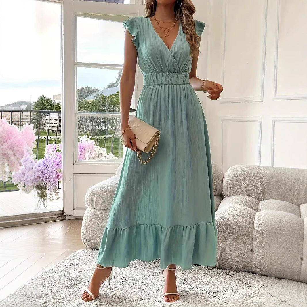 Dames effen geplooide V-halsjurk, chique elegante modieuze casual lange jurk voor dagelijks buitengebruik, damesjurk voor de zomer